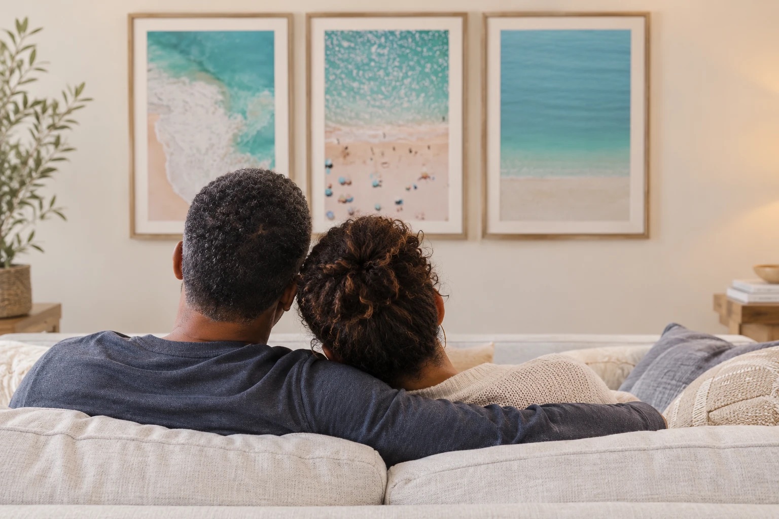 A couple sitting close on a sofa, her head on his shoulder, beneath three framed ocean prints