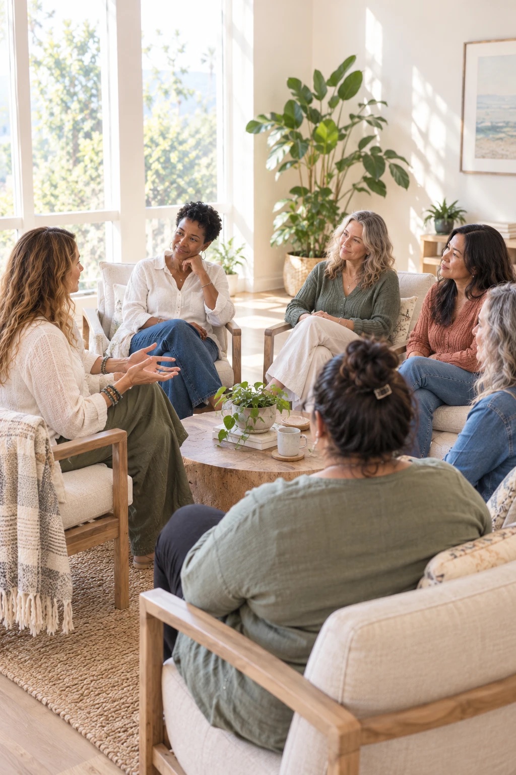 A small group of women talking together in a circle of chairs in a bright, calm room